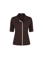 Polo Collar Lace Detail Buttoned Brown Knit Blouse