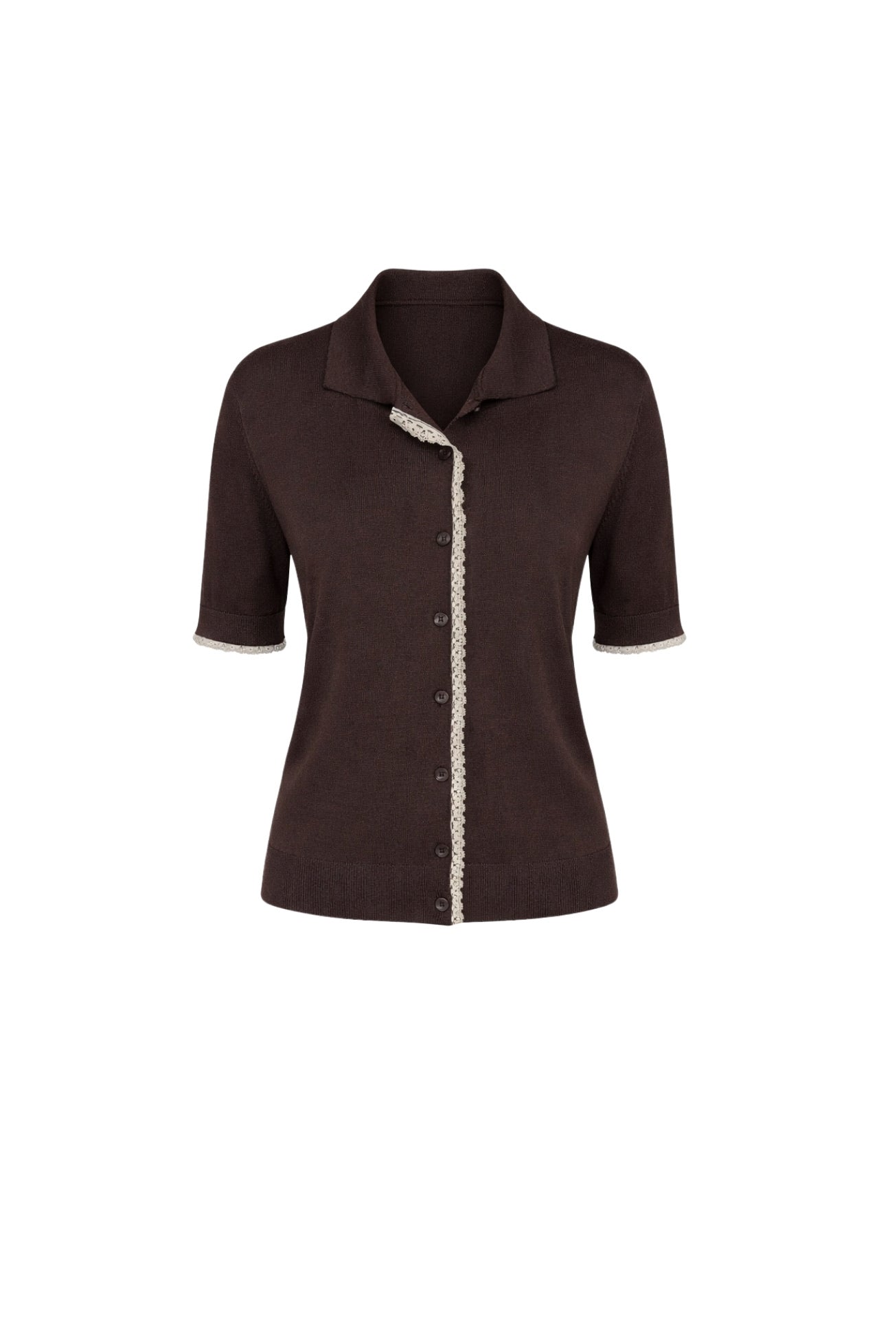 Polo Collar Lace Detail Buttoned Brown Knit Blouse