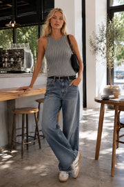 Ribbed Swim Collar Gray Blouse