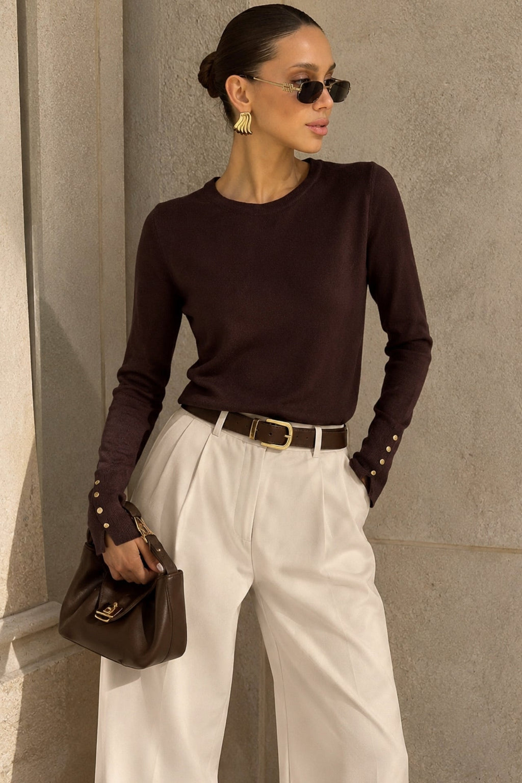 Button Detail Crew Neck Brown Blouse