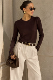 Button Detail Crew Neck Brown Blouse