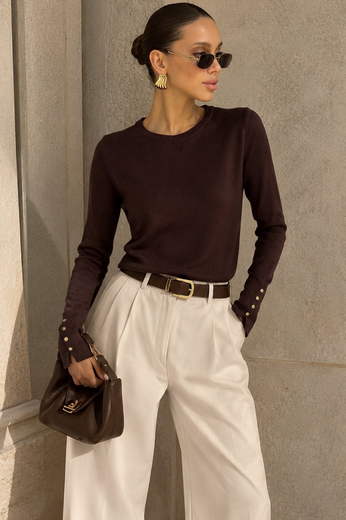 Button Detail Crew Neck Brown Blouse