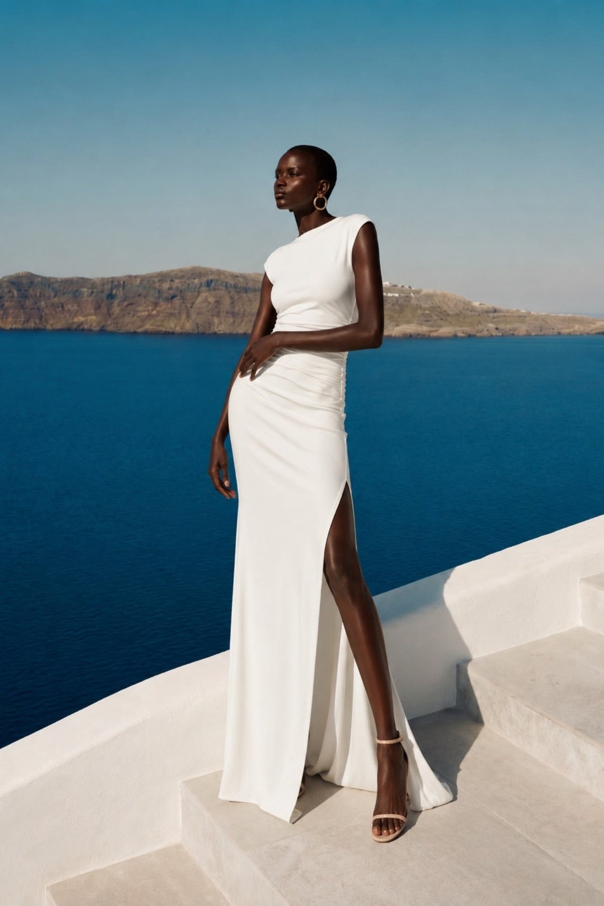 White Maxi Shirred Dress with Shoulder Pad Detail and Slit