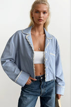 Striped Pocket Detail Crop Blue Shirt