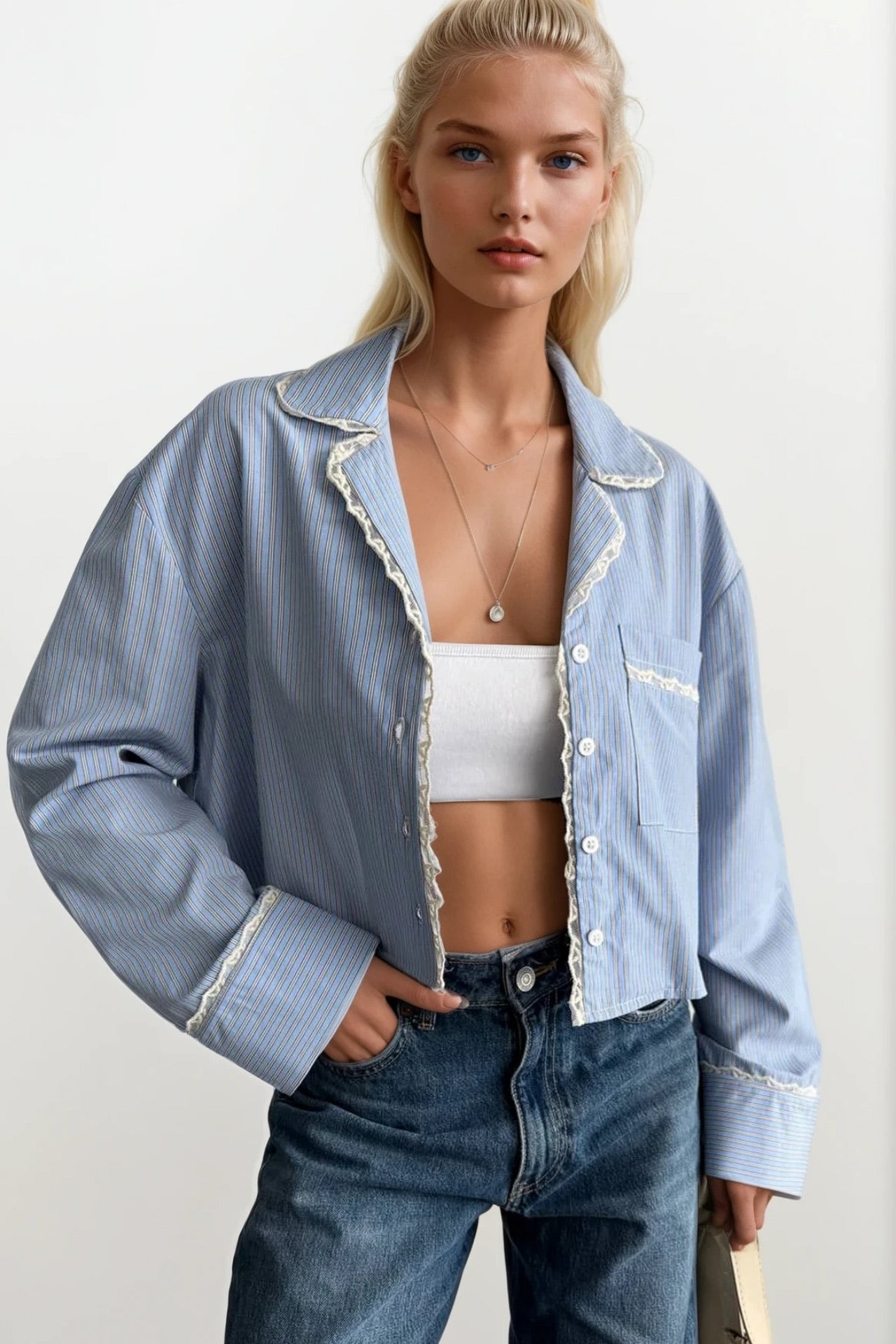 Striped Pocket Detail Crop Blue Shirt