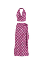 Pink Plaid Pattern Cowl Neck Blouse Tie Detail Skirt İkili Set