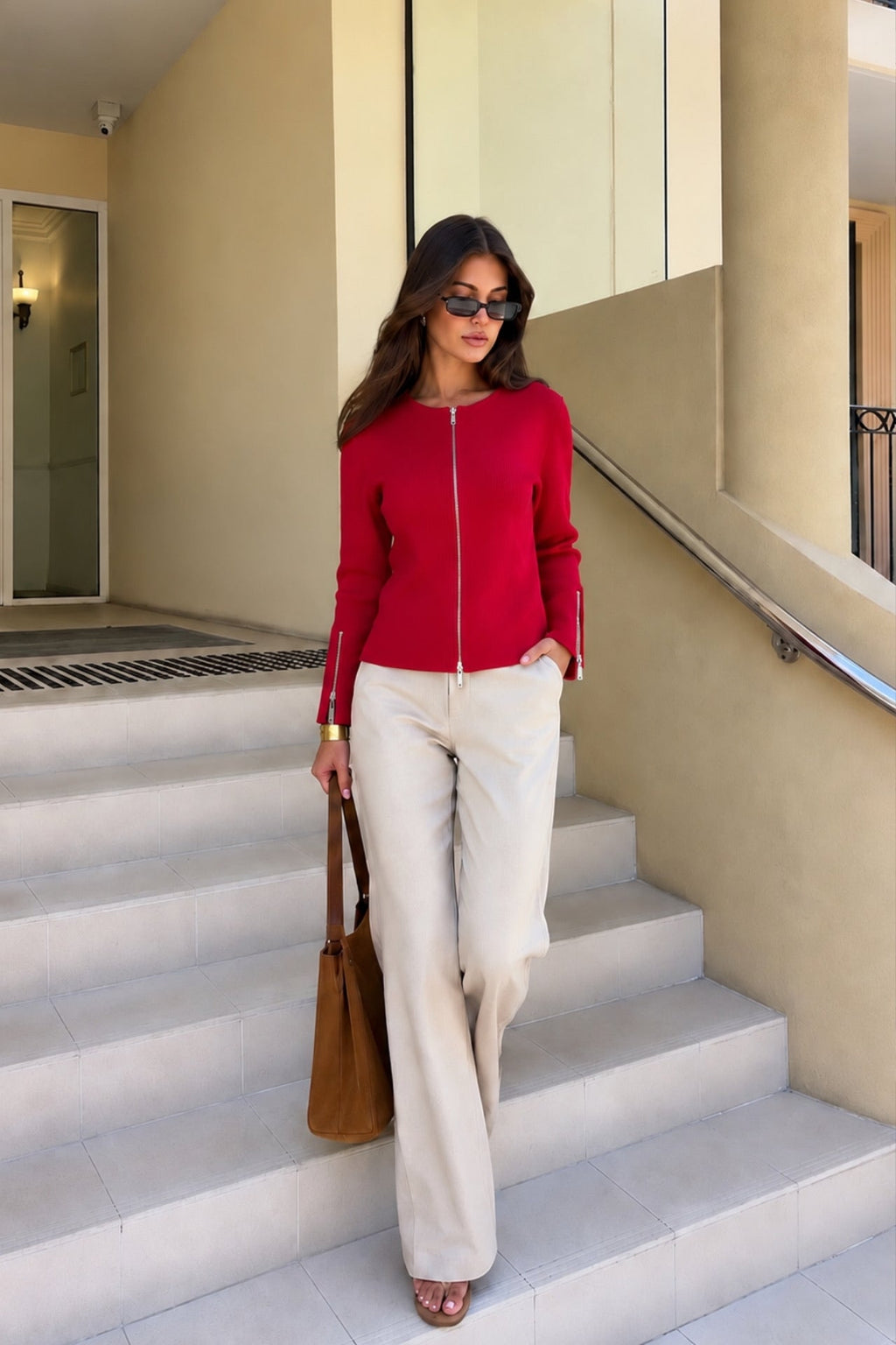 Double Fermuar Long Sleeve Red Textured Blouse