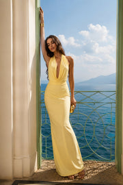 Shawl Collar Low-Cut Maxi Yellow Dress
