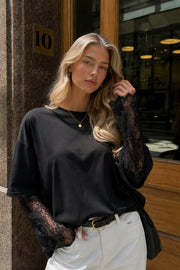 Black Oversized T-Shirt with Crew Neck and Lace Sleeve Detail