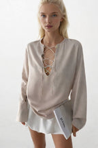 Lace-Up Beige Linen Blouse