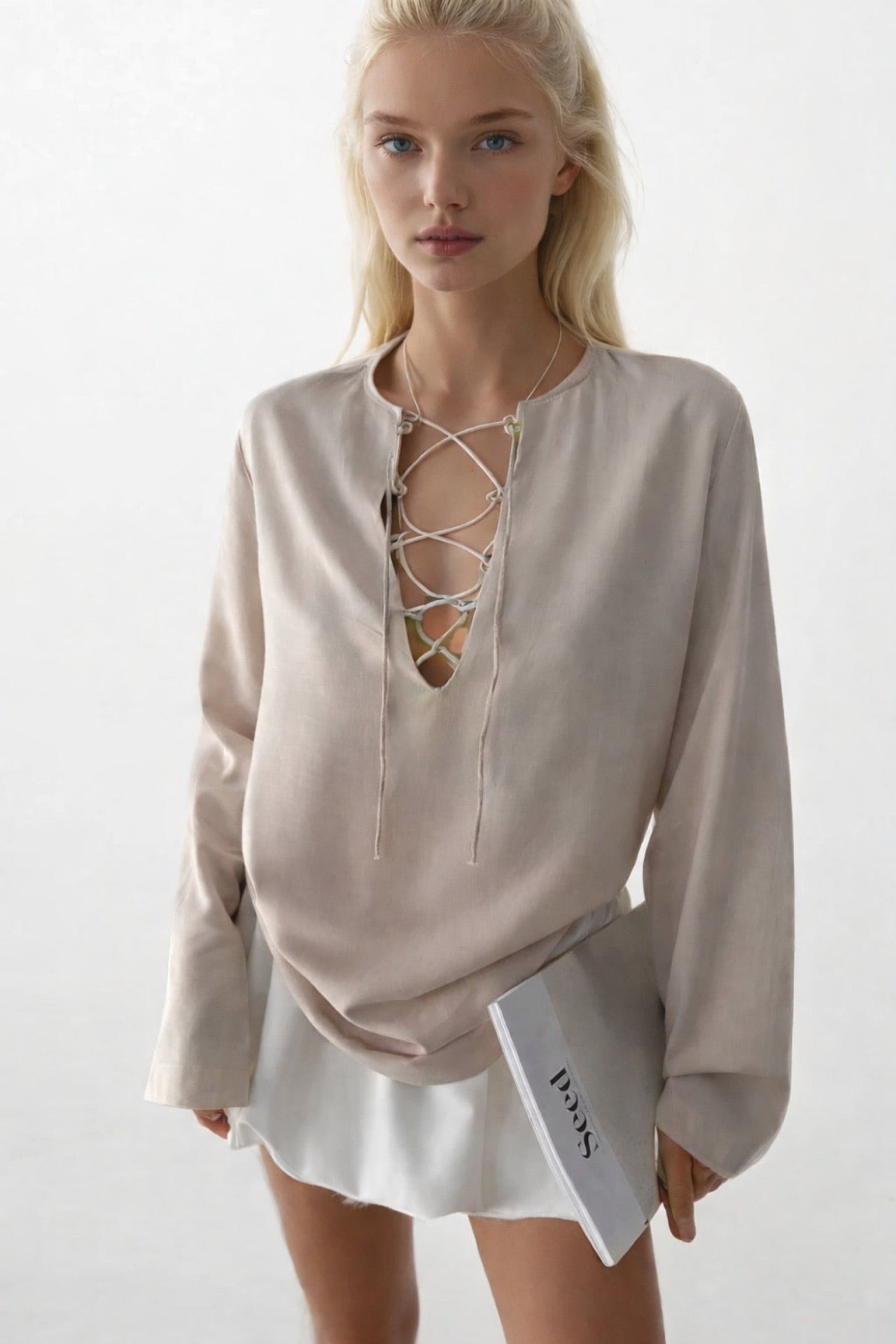 Lace-Up Beige Linen Blouse