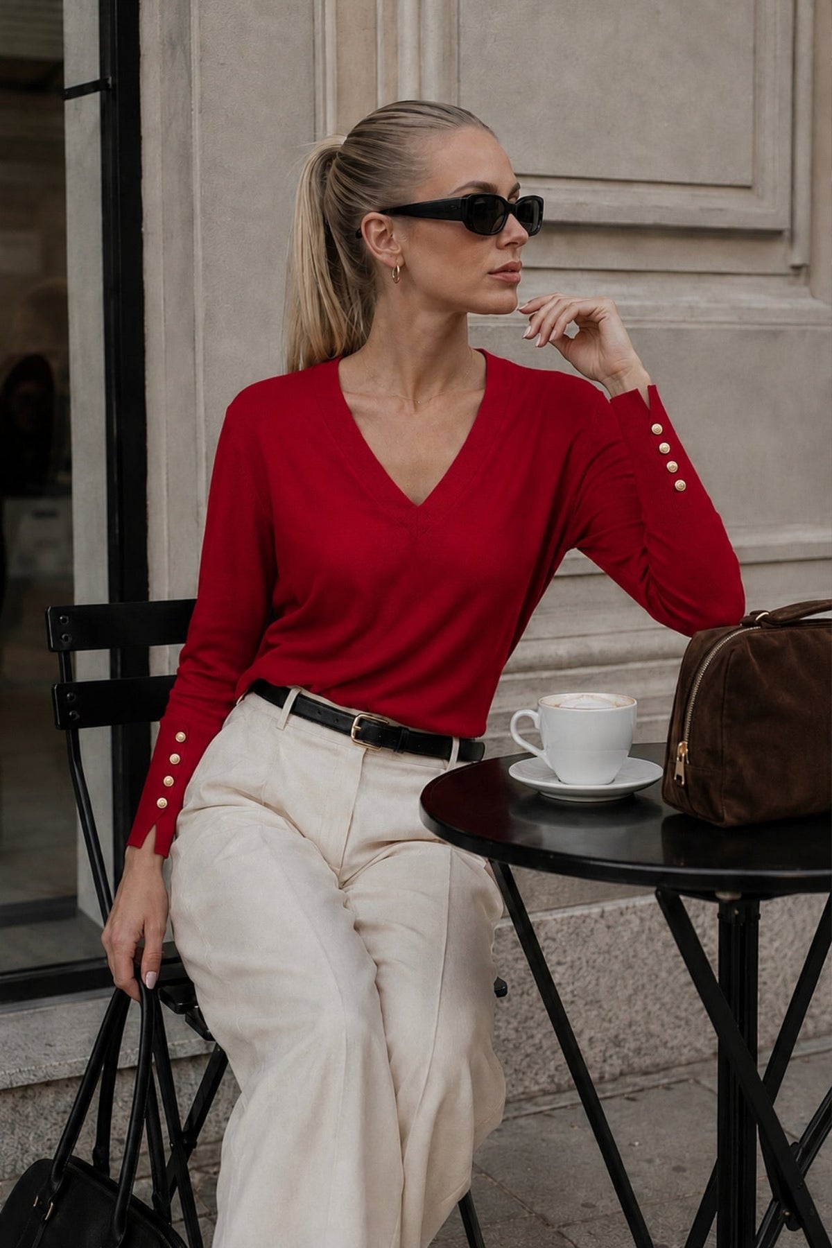 V-Neck Button Detail Red Knit Blouse