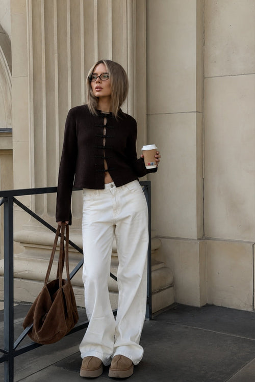 Accessory Detail Crew Neck Brown Knit Cardigan
