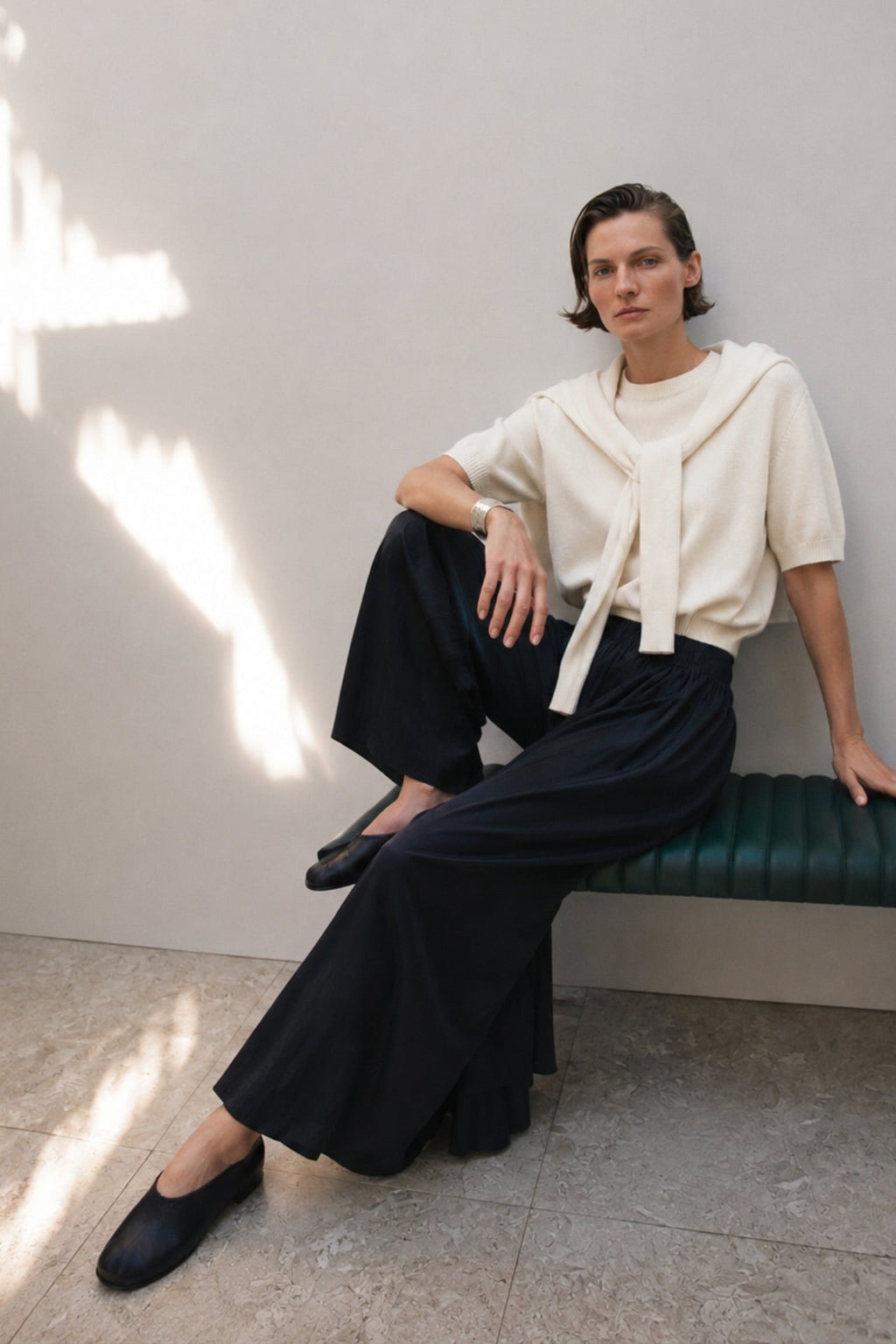 Shawl Detail Crew Neck Textured White Blouse