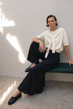 Shawl Detail Crew Neck Textured White Blouse