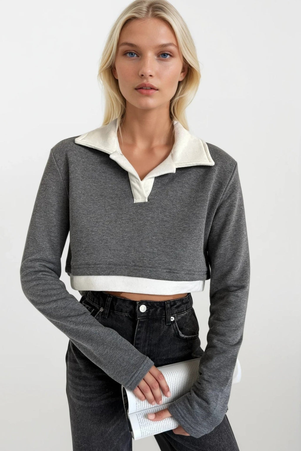 Polo Collar Contrast Detail Crop Gray Sweatshirt