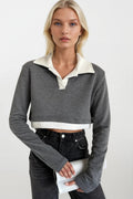Polo Collar Contrast Detail Crop Gray Sweatshirt