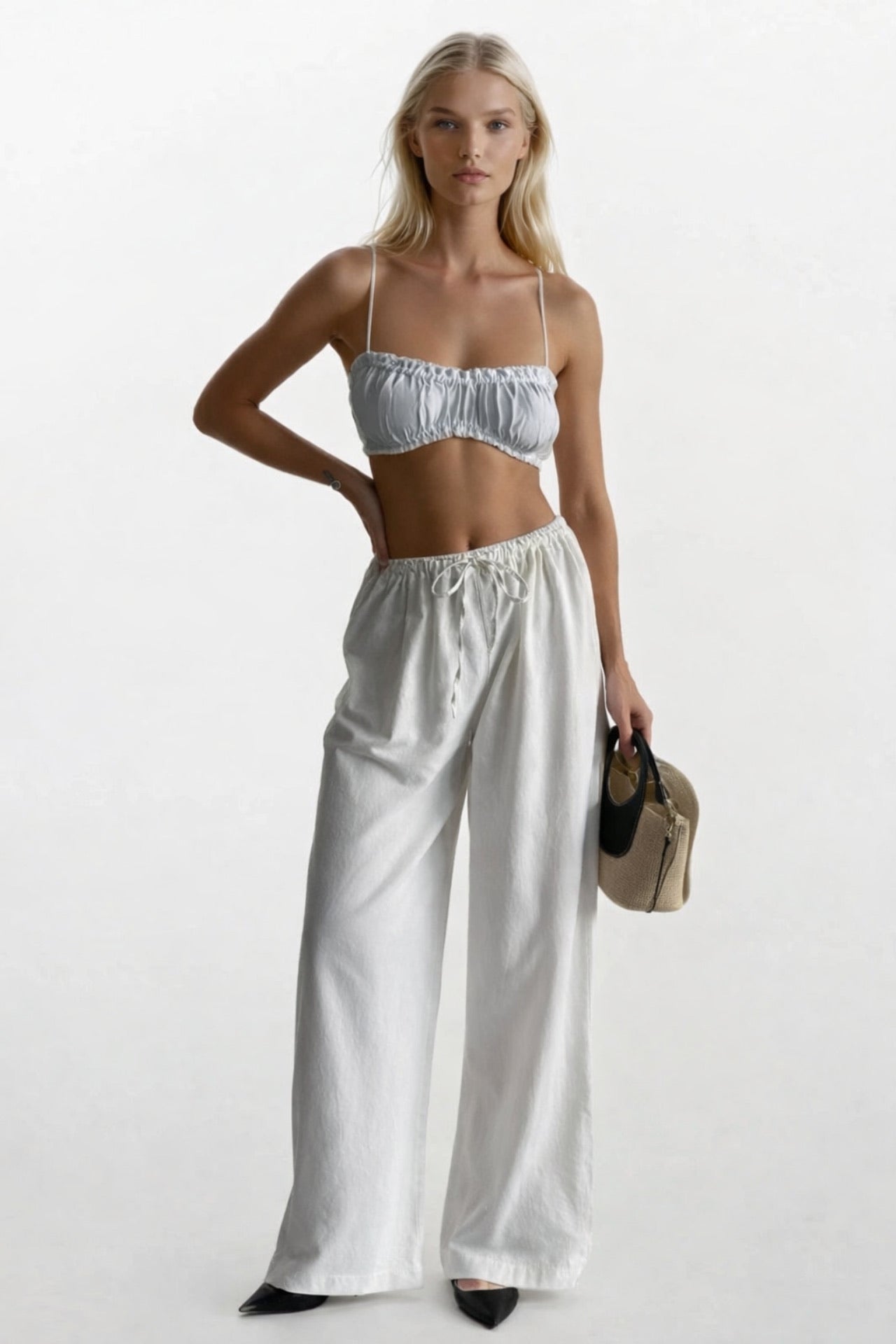 Drawstring Detail Cotton White Pants