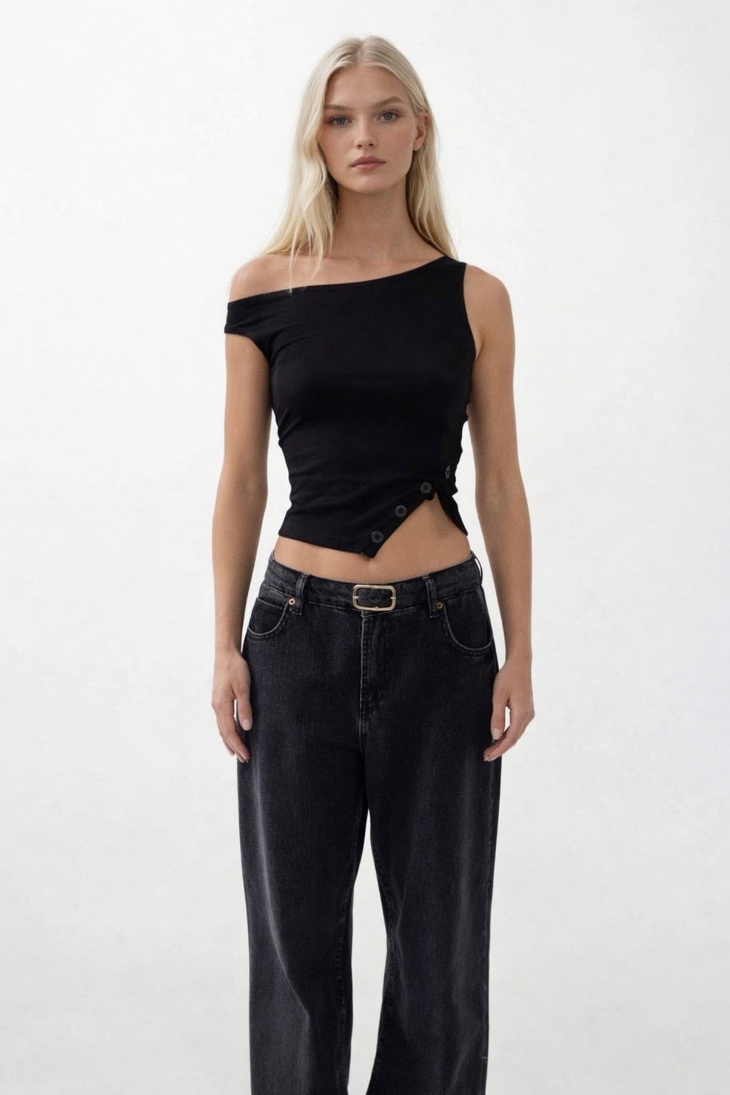 Boat Neck Slit Detail Black Blouse