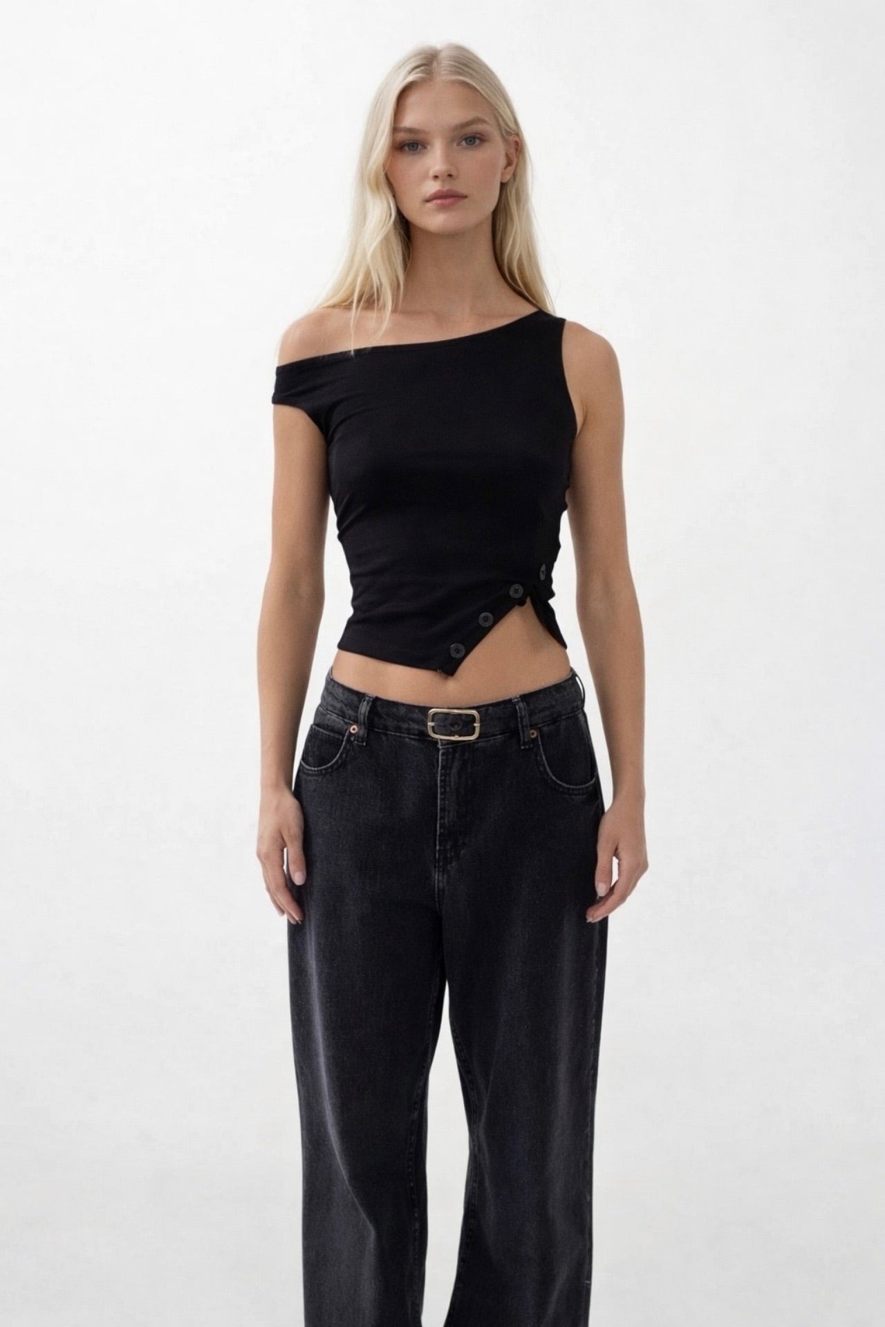 Boat Neck Slit Detail Black Blouse