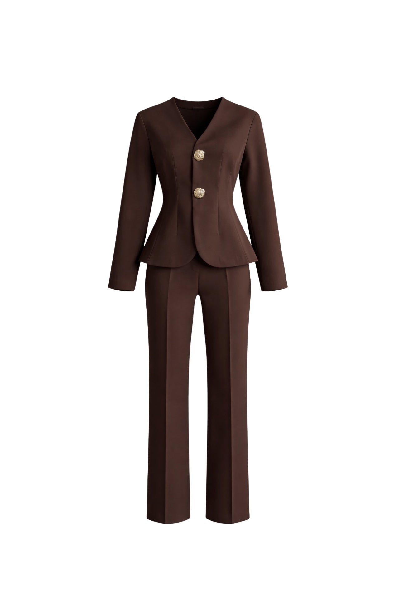 Buttoned Waist-Fitted Brown Jacket Set
