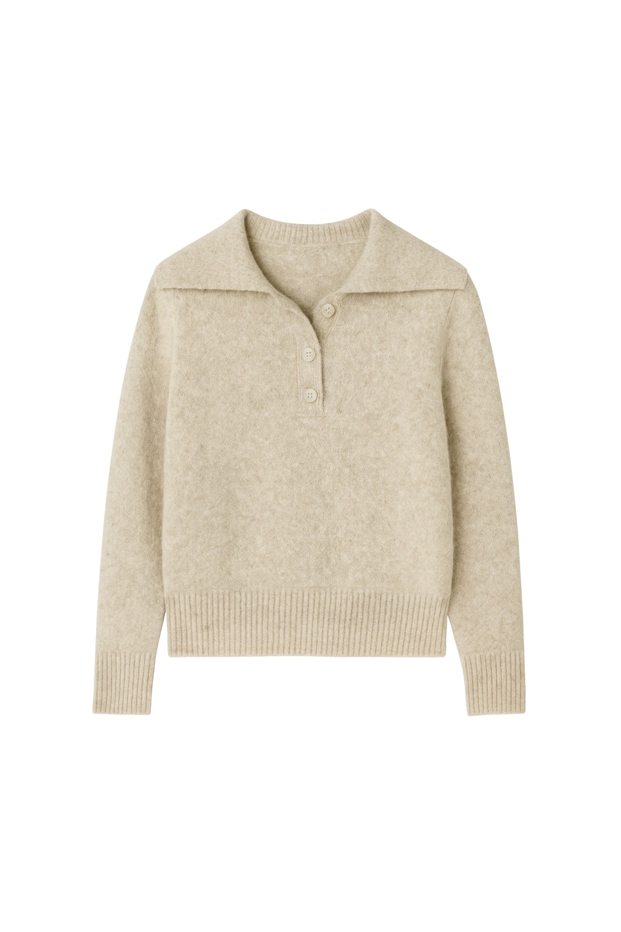 Polo Collar Beige Buttoned Knit Sweater