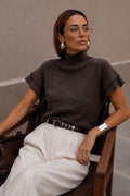 Turtleneck Sleeve Detail Textured Brown Blouse