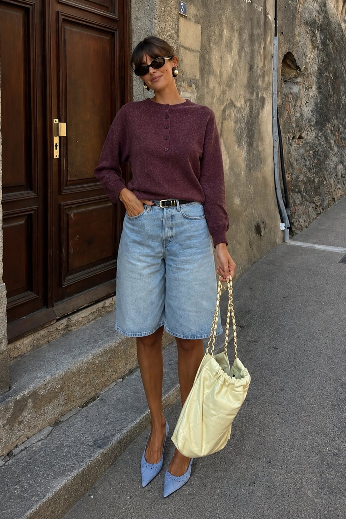 Crew Neck Button Detail Textured Burgundy Blouse