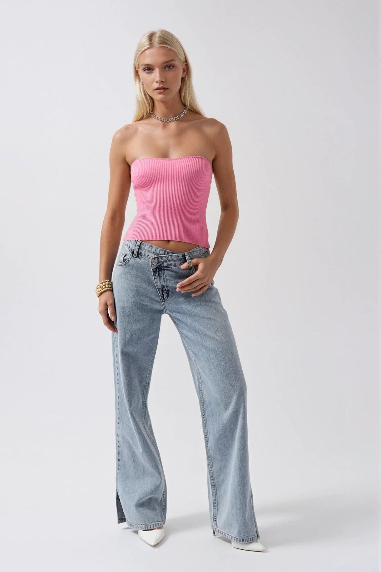 Strapless Textured Pink Crop