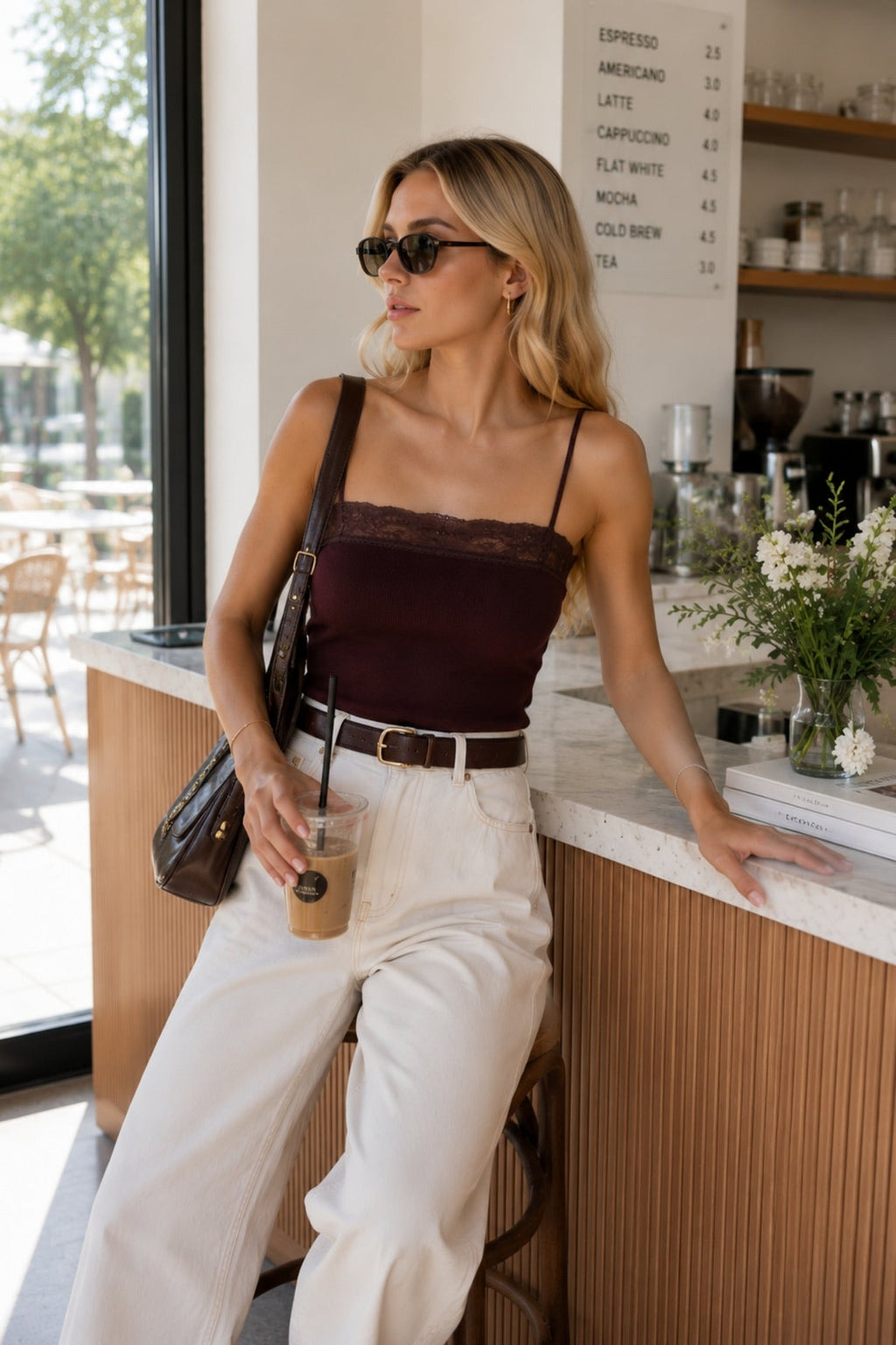 Strappy Lace Detail Brown Knitwear Blouse