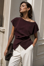 Button Detail Wrap Brown Knit Blouse