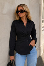 Asymmetric Button Detail Waist-Fitted Black Shirt