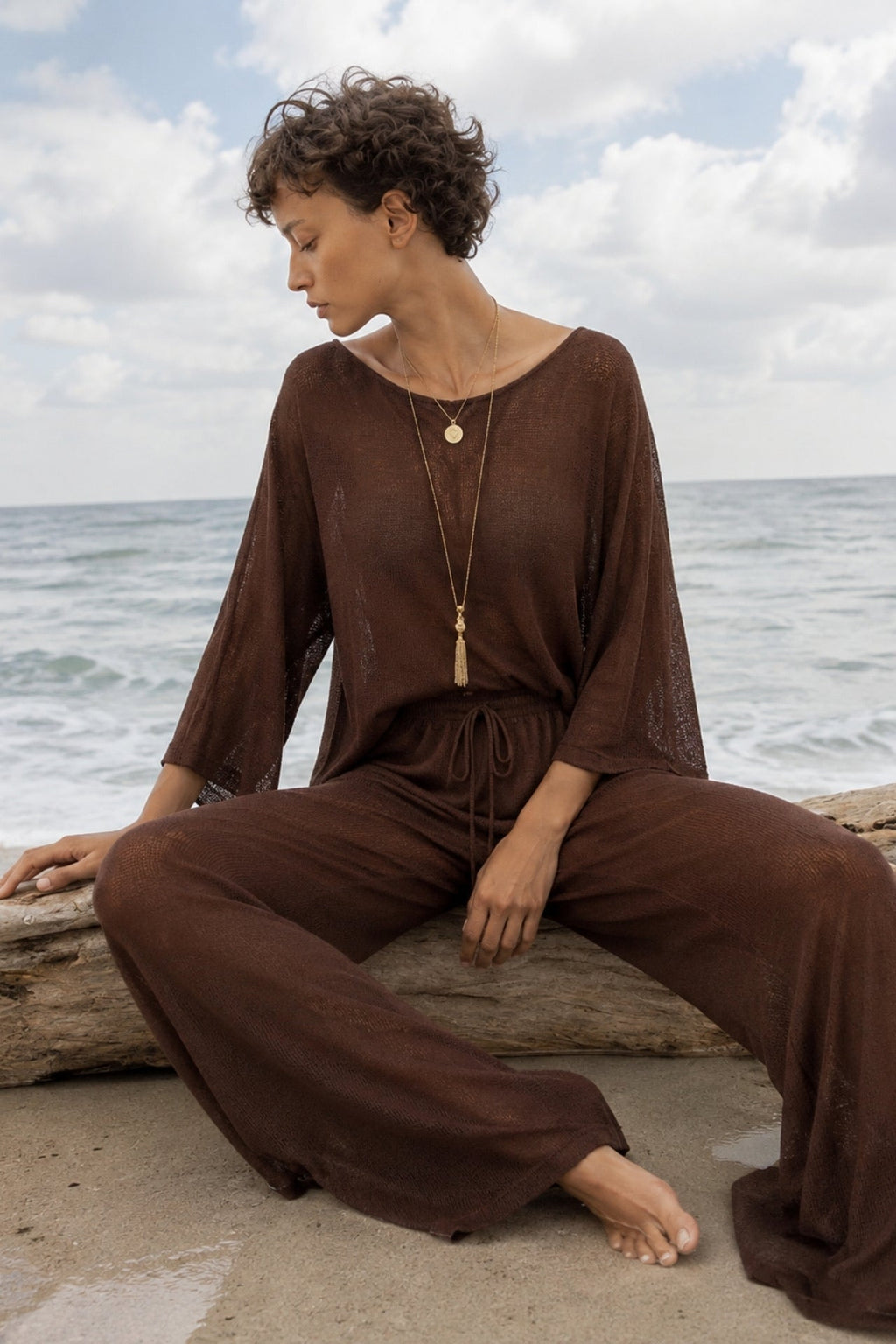 Textured Boat Neck Asymmetrical Blouse and Trousers Brown Two-Piece Set
