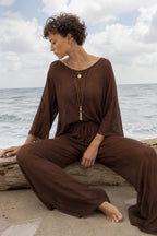 Textured Boat Neck Asymmetrical Blouse and Trousers Brown Two-Piece Set