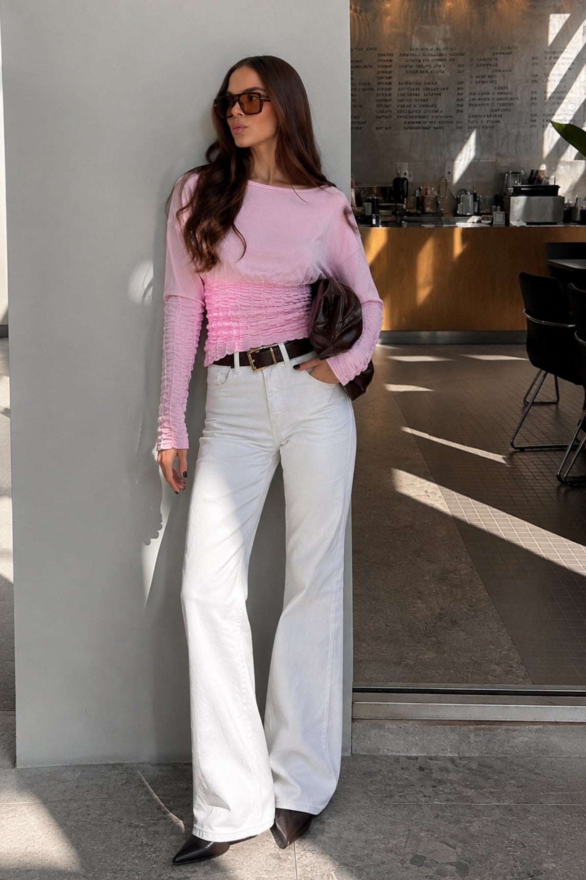 Gipe Detail Fitted Waist Boat-Neck Pink Blouse