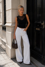 Black Knit Blouse with Lace Trim