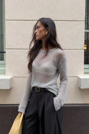 Foil Long Sleeve Silver Transparan Blouse