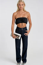 Elastic Detay Black Strapless Crop