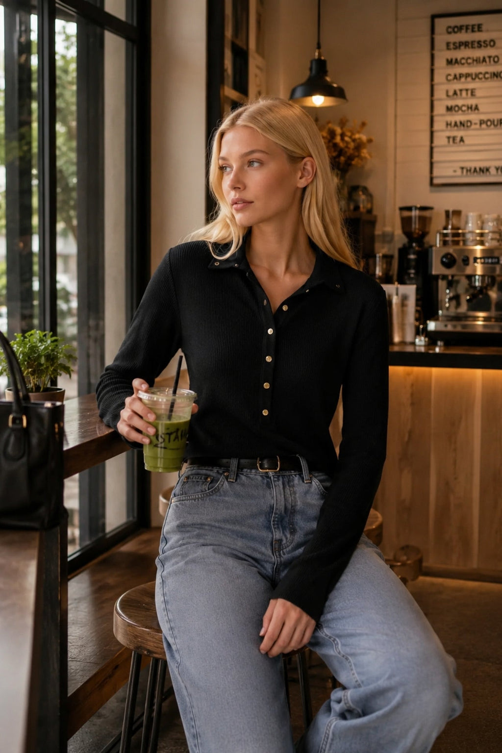 Black Knitted Blouse with Polo Neck and Snap Fasteners
