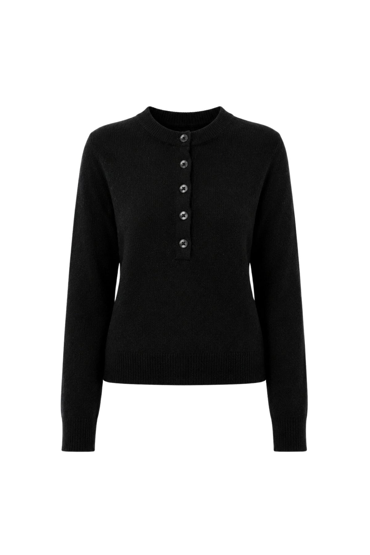 Crew Neck Button Detail Textured Black Blouse