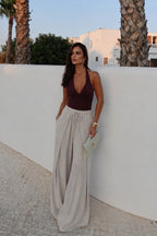 Pleated Lace-Up Stone Linen Trousers