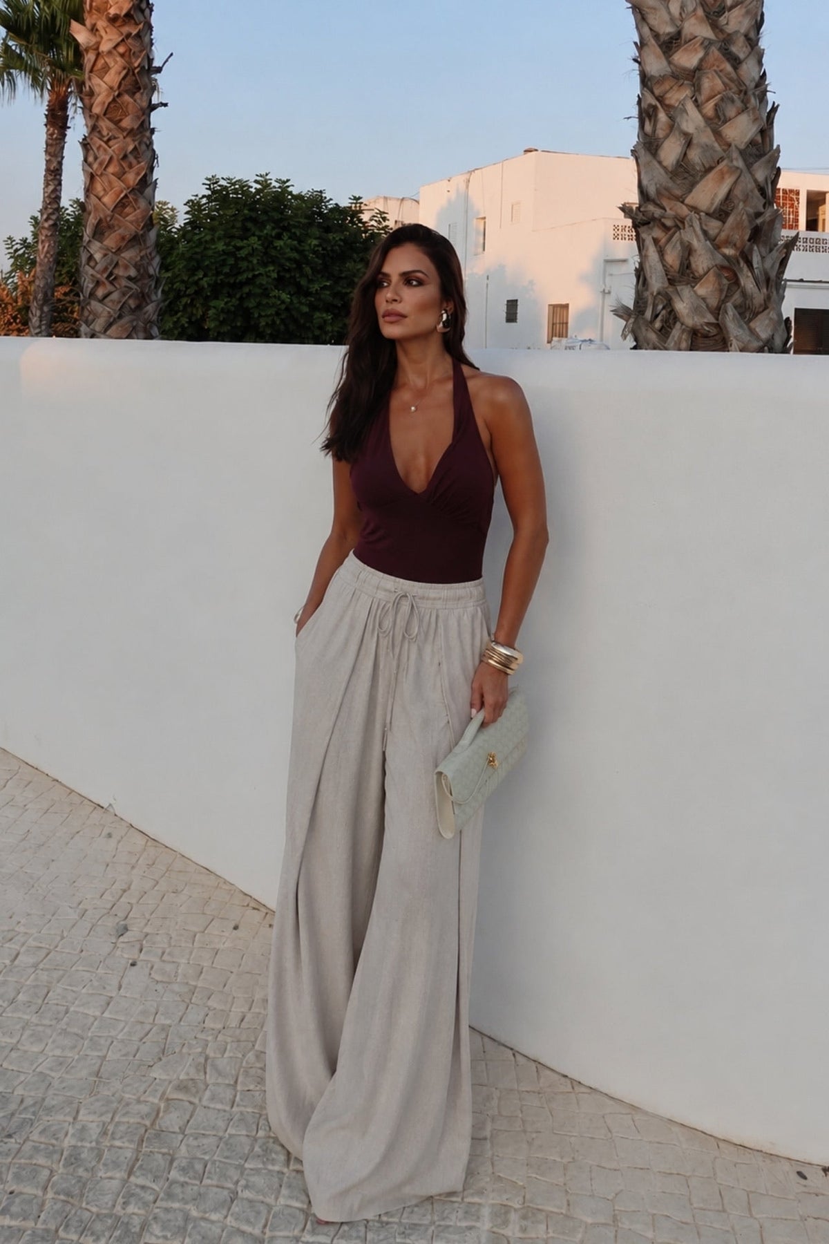 Pleated Lace-Up Stone Linen Trousers