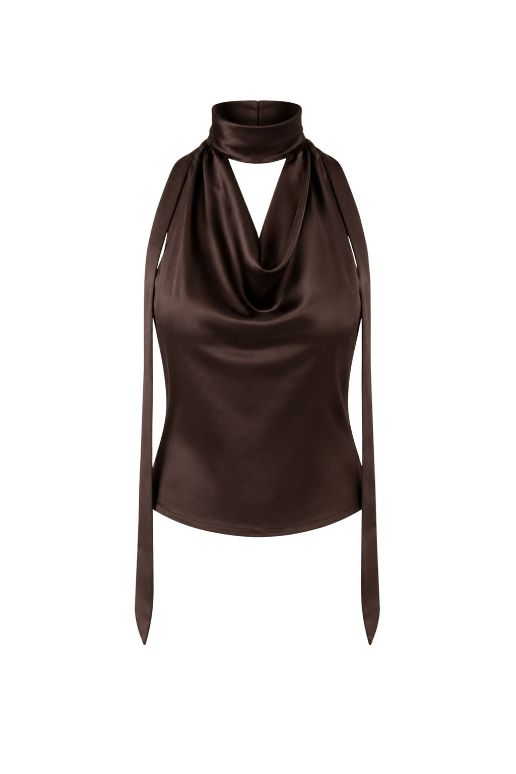 Neck-Tie Detail Cowl Neck Brown Blouse