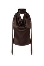 Neck-Tie Detail Cowl Neck Brown Blouse