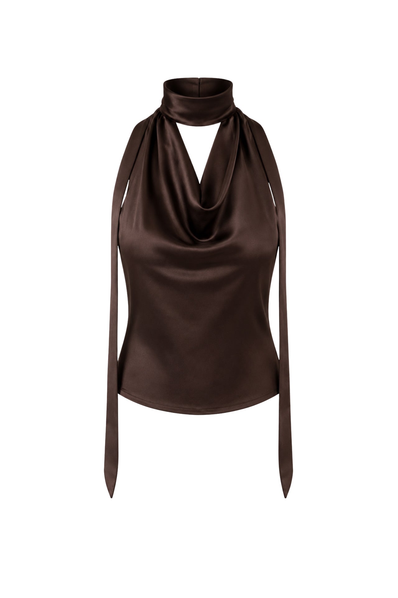 Neck-Tie Detail Cowl Neck Brown Blouse