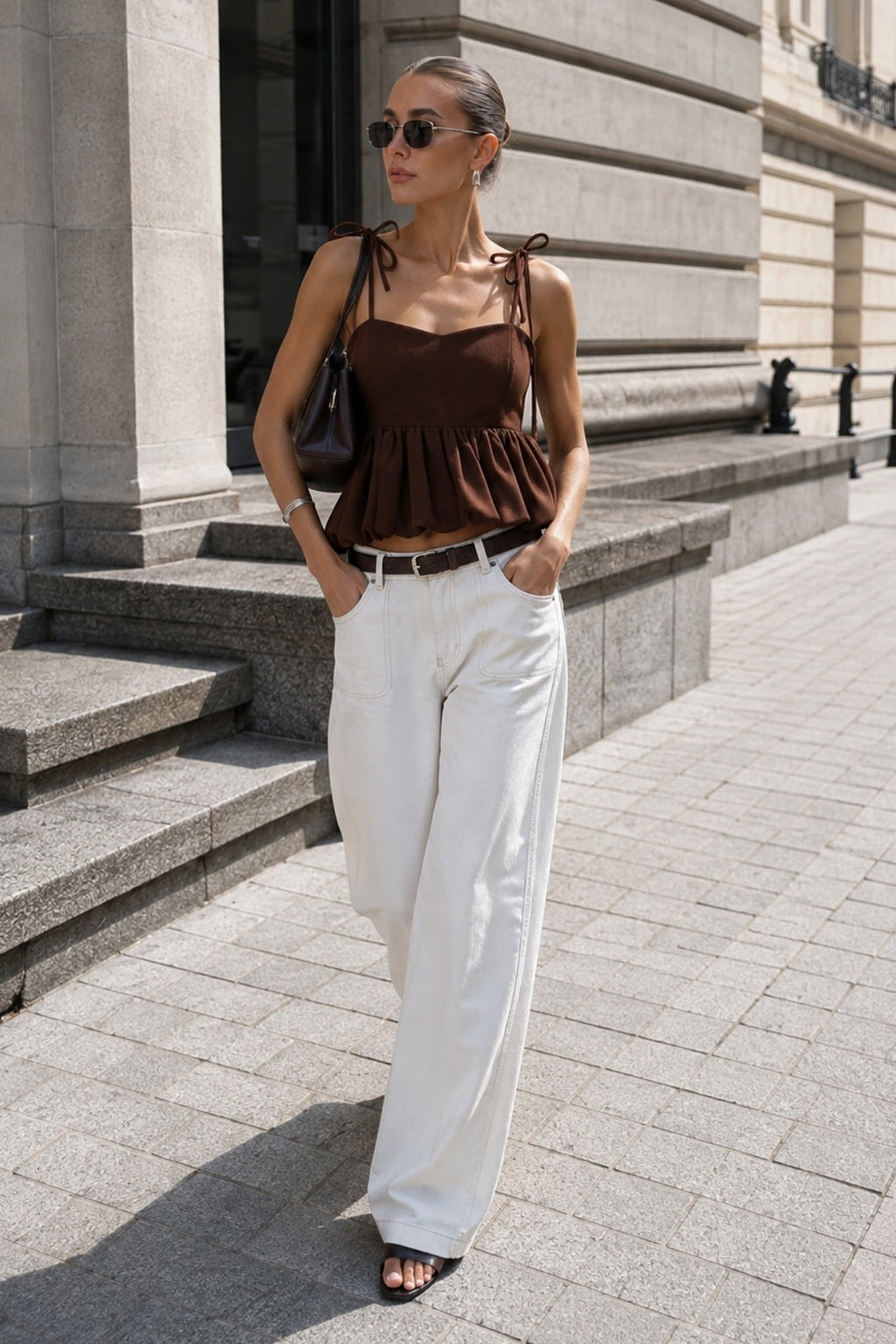 Spaghetti-Strap Ruched Betay Brown Balon Blouse