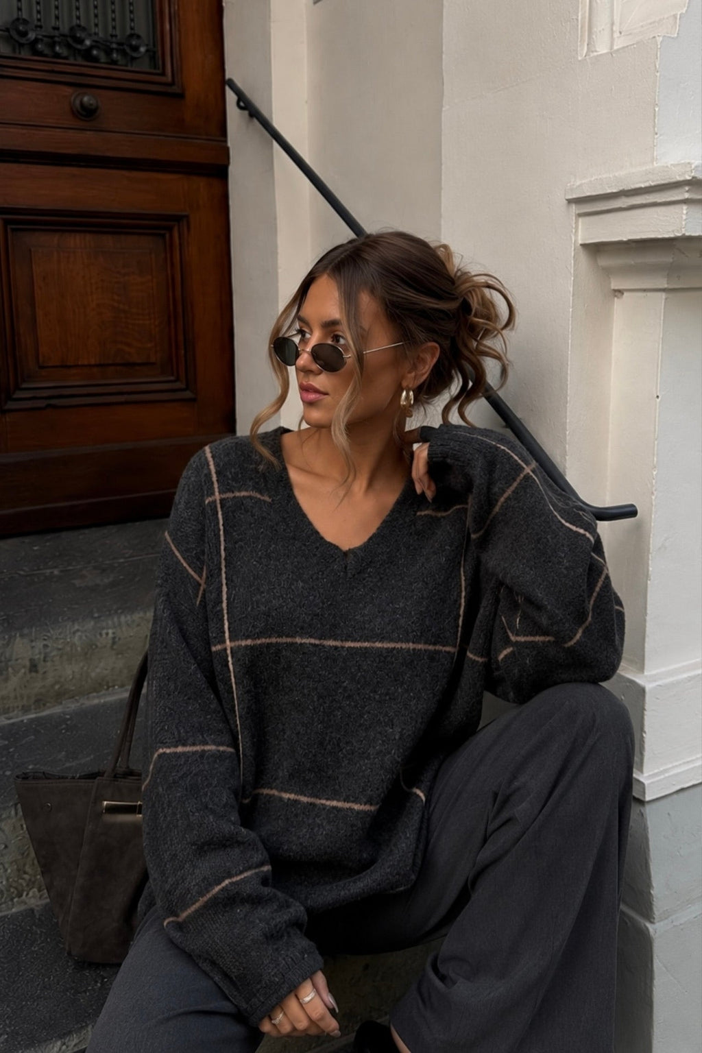 Plaid Pattern Crew Neck Textured Charcoal Knit Kazak