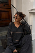 Plaid Pattern Crew Neck Textured Charcoal Knit Kazak