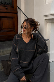 Plaid Pattern Crew Neck Textured Charcoal Knit Kazak