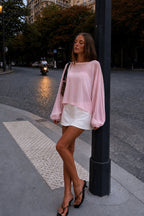 Balon Sleeve Boat-Neck Pink Knit Blouse